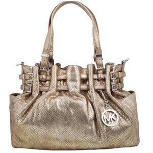 Michael Kors Leather Snake Print Gold Shoulder Hobo Bag Satchel Pockets Neutral